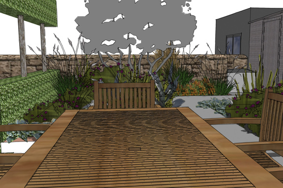 contemporary Edinburgh back garden design - view from patio table to perennial border