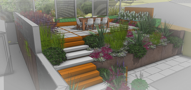 render of a design for a contemporary garden in Glasgow showig floatign concrete and rusted corten steel steps leading through planters to a dining patio