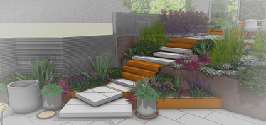 a close up of floating concrete and rusted corten steel steps as they lead through angled planters and past a slatted fence